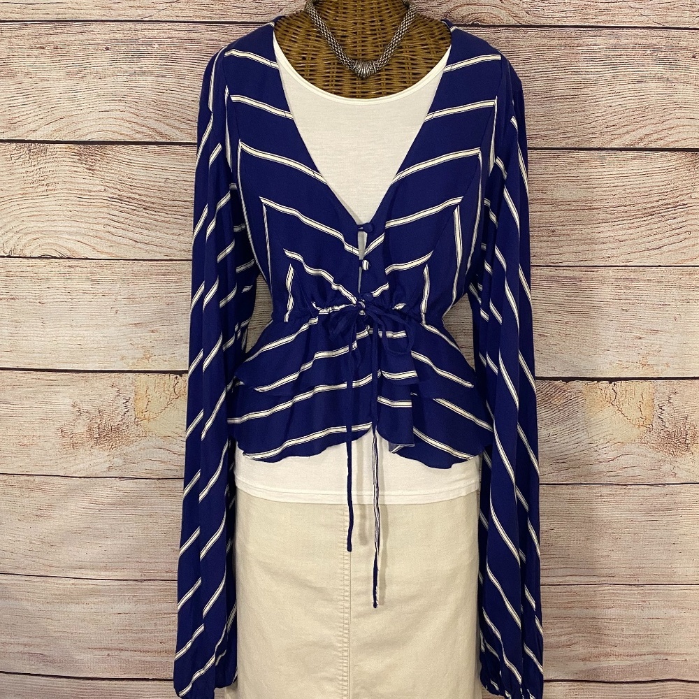 Free People Blue & White Chevron Cinched Waist Victorian Style L/S Blouse Sz L